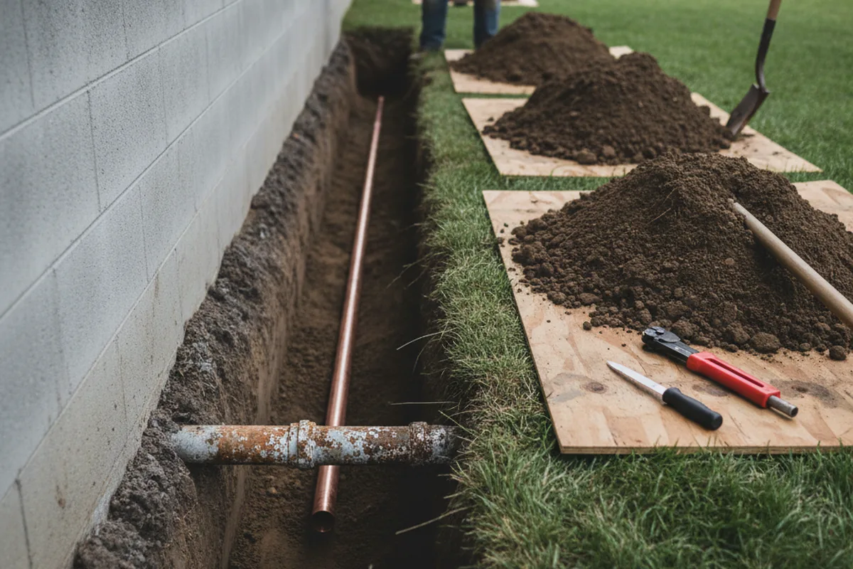 Excavated water line trench during Sewer Line Repair in Anniston
